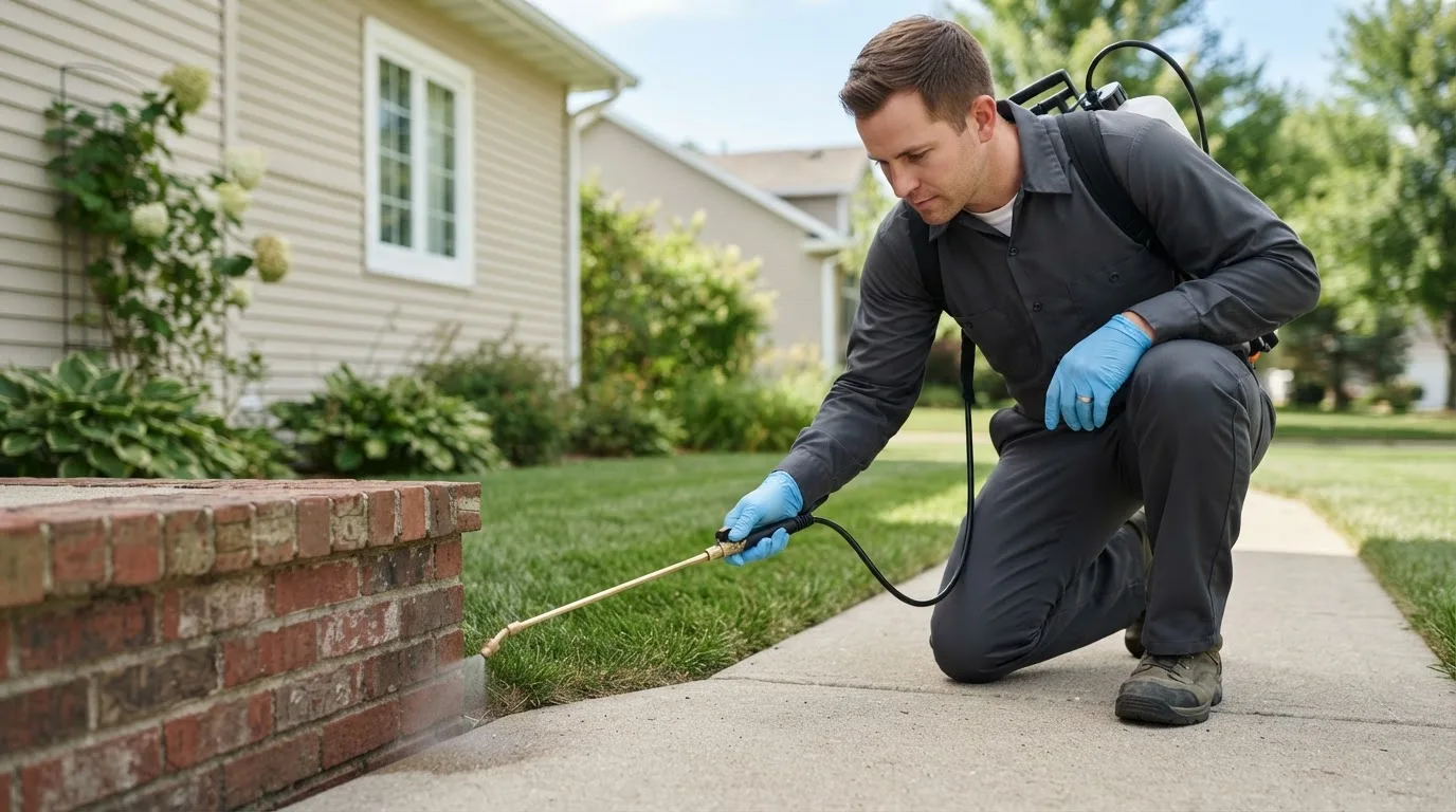 Pest control technician treating a home near Wright City, MO