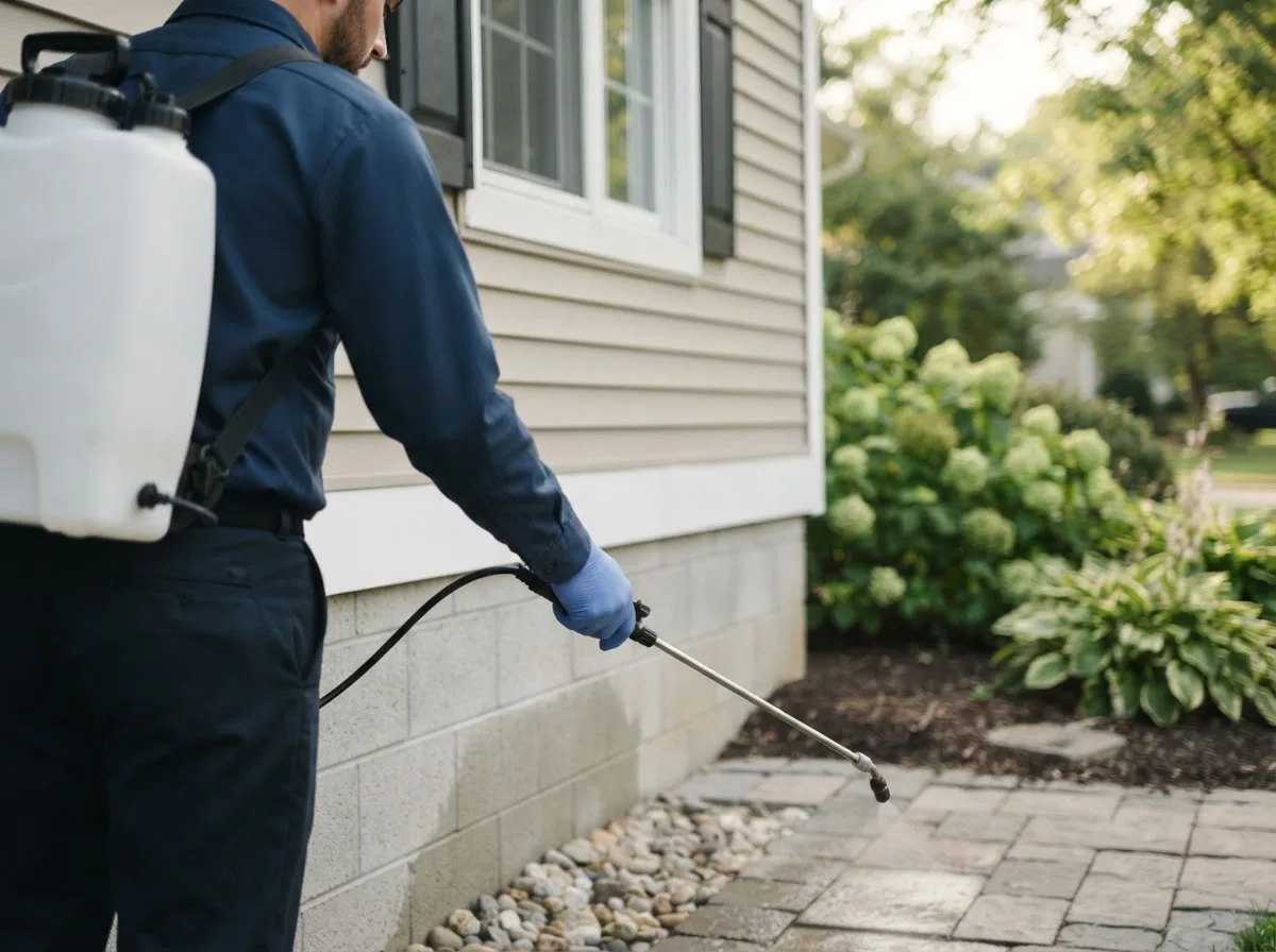 Pest control technician inspecting a home in Wright City, MO